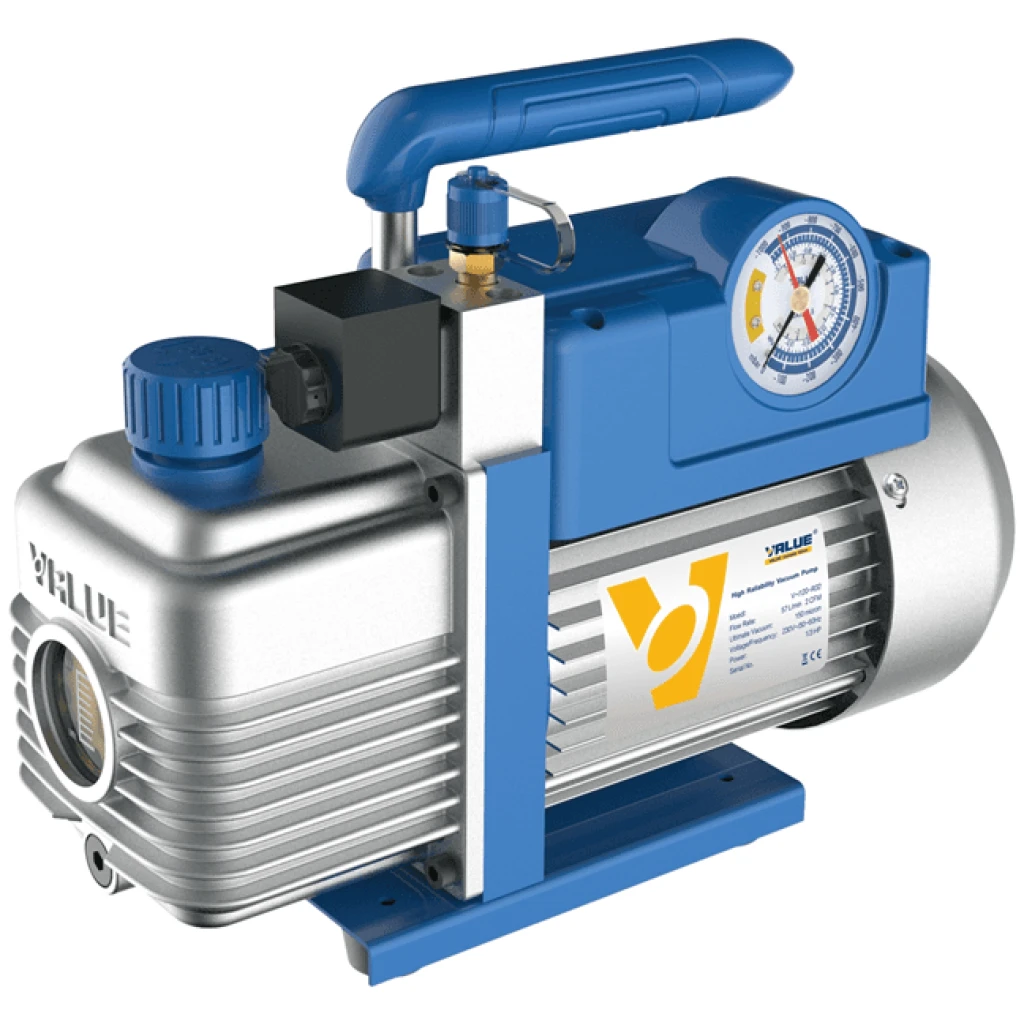 Pompa próżniowa 100 l/min, dwustopniowa z zaworem i wakuometrem V-i240 R32 - VALUE
