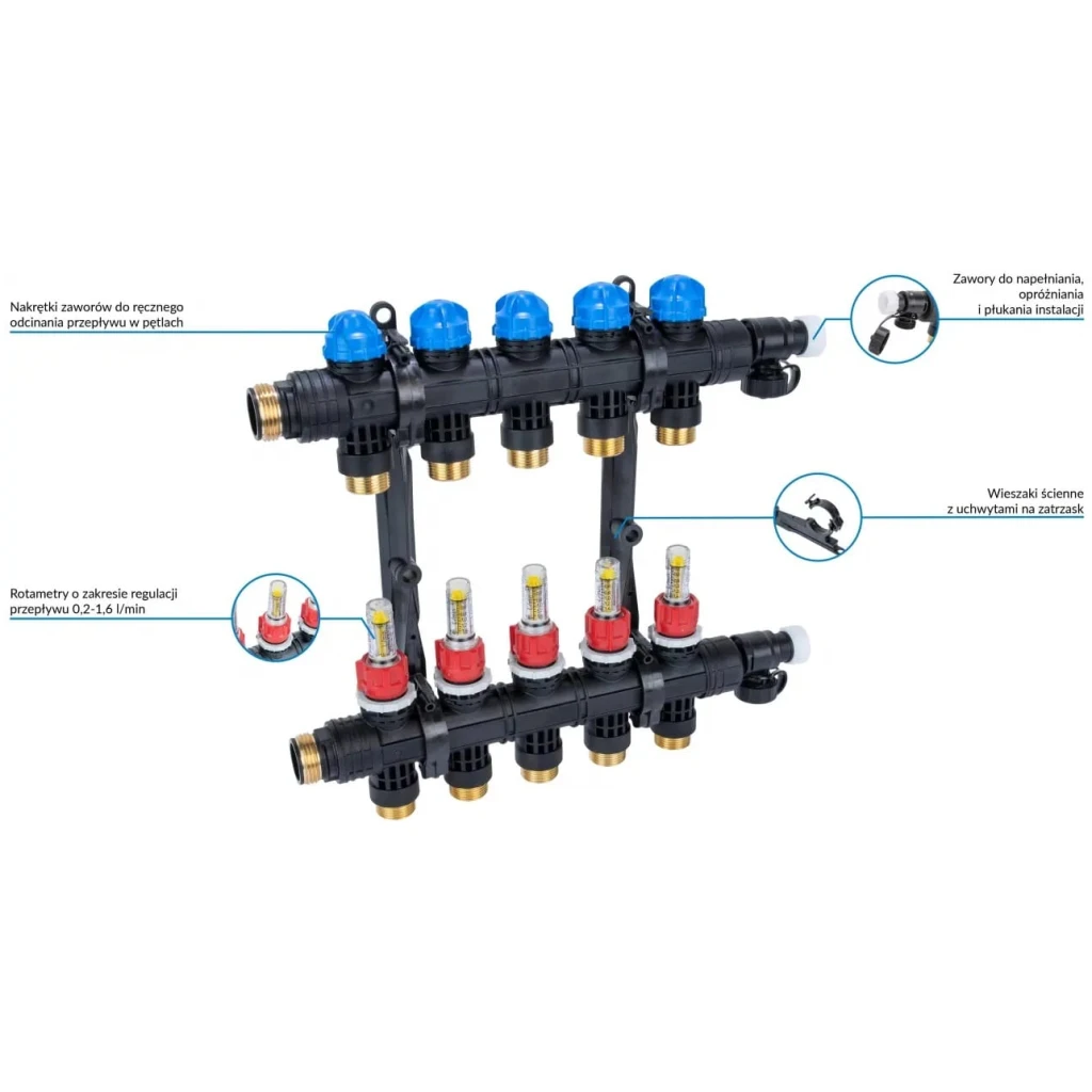 Rozdzielacz instalacji C.O, ProCalida EF1 K do 5 obiegów grzewczych, G1", 0,2÷1,6 l/min - AFRISO