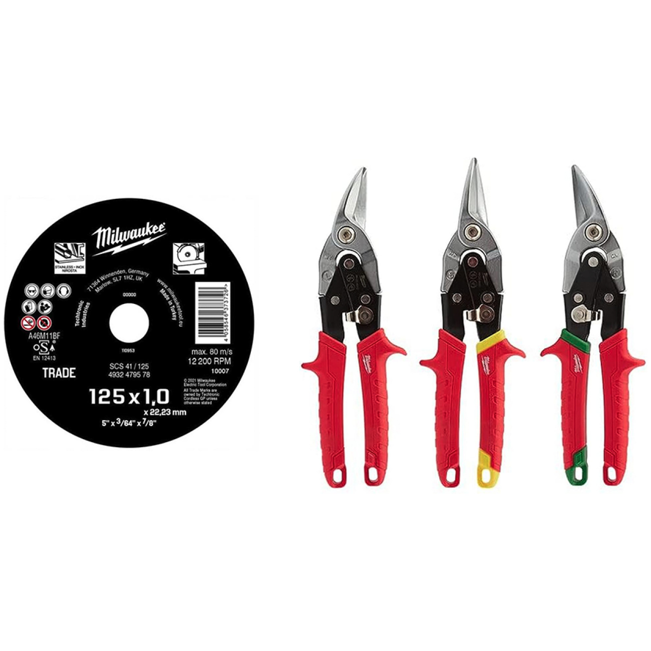 Tarcza do cięcia metalu 125 x 1 x 22,2 mm (200 szt.) – Milwaukee 4932479578 + GRATIS: Nożyce do blachy metalu (3 szt.) – Milwaukee 48224533