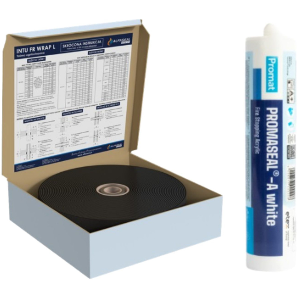 Zestaw: Masa ogniochronna PPOŻ 310 ml - PROMAT PROMASEAL A + Taśma ogniochronna PPOŻ 60 mm x 25 mb - Alfaseal INTU FR WRAP L
