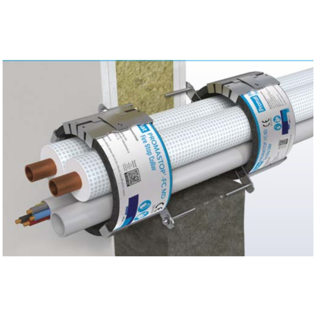 Kołnierz ogniochronny wraz z klamrami A i B i uchwytami C, zabezpieczenie instalacji PPOŻ 3,2 mb - Promat PROMASTOP FC MD