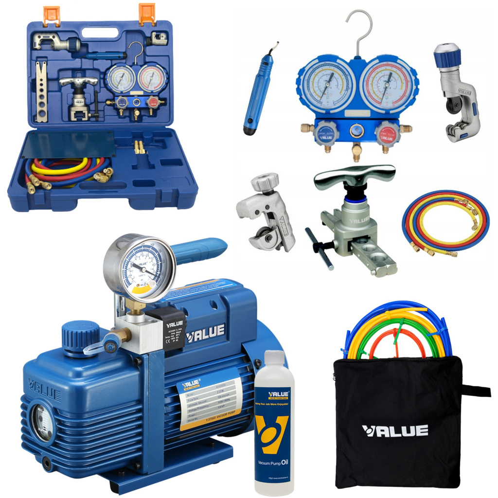 ZESTAW: Pompa próżniowa 51 l/min - VALUE V-i220SV + Zestaw narzędzi VALUE - VTB-5B-II + Pręty do gięcia rur 4 m w torbie na zamek (zestaw 4 szt.) - VALUE VBT-4S