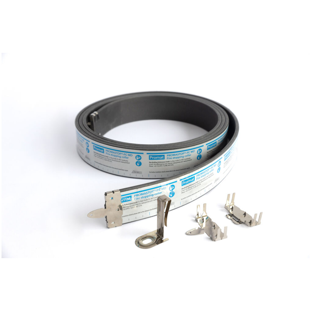 Kołnierz ogniochronny wraz z klamrami A i B i uchwytami C, zabezpieczenie instalacji PPOŻ 3,2 mb - Promat PROMASTOP FC MD