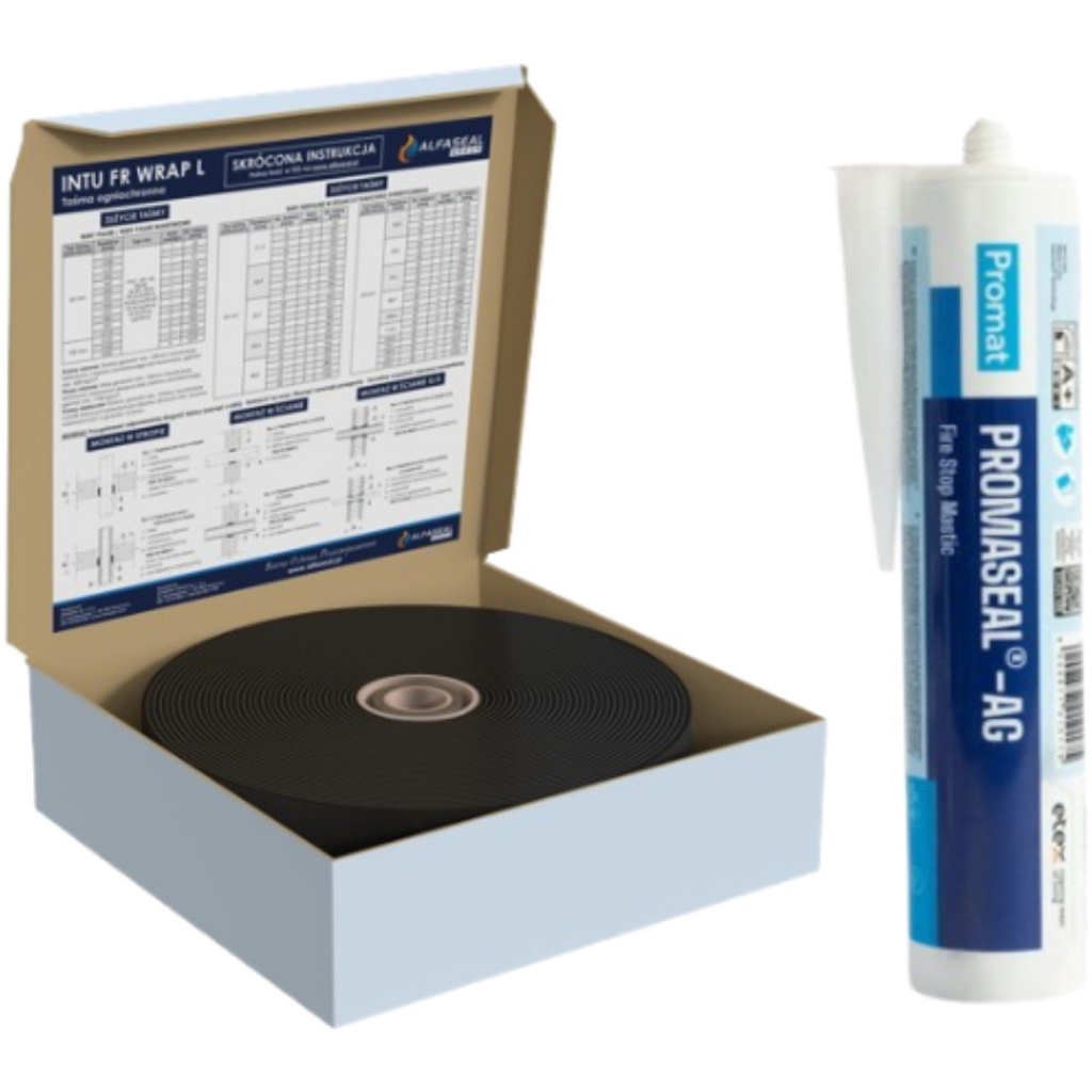 Zestaw: Masa ogniochronna uszczelniająca PPOŻ 310 ml - Promat PROMASEAL AG + Taśma ogniochronna PPOŻ 100 mm x 10 mb - Alfaseal INTU FR WRAP L