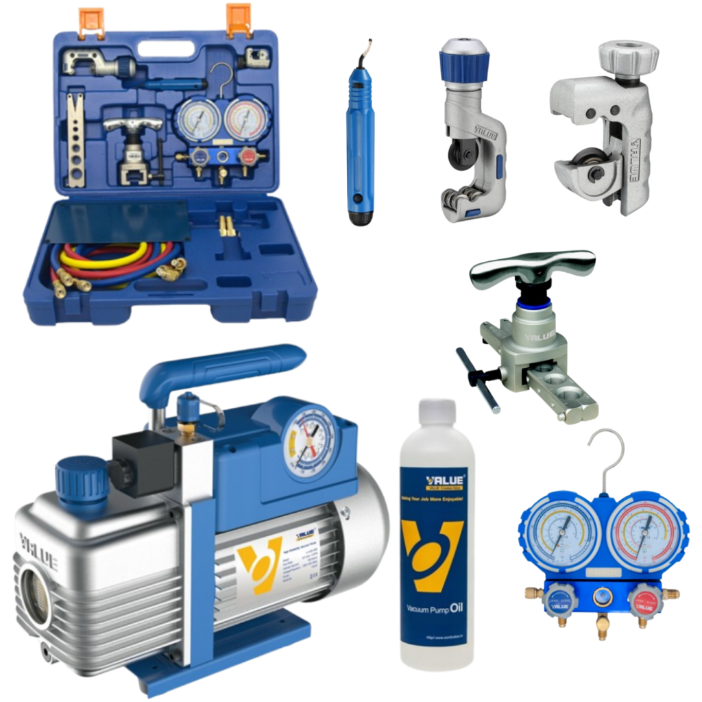 ZESTAW: Pompa próżniowa 100 l/min dwustopniowa z zaworem i wakuometrem - VALUE V-i240-R32 + Zestaw narzędzi VALUE - VTB-5B-II