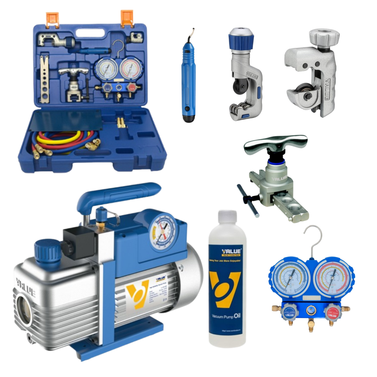ZESTAW: Pompa próżniowa 100 l/min dwustopniowa z zaworem i wakuometrem - VALUE V-i240-R32 + Zestaw narzędzi VALUE - VTB-5B-II ZESTAW: Pompa próżniowa 100 l/min dwustopniowa z zaworem i wakuometrem - VALUE V-i240-R32 + Zestaw narzędzi VALUE - VTB-5B-II