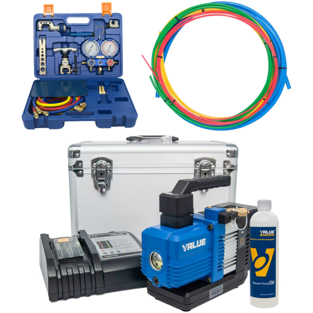 Zestaw: Pompa próżniowa 56l/min akumulatorowa Navtek - Value VRP-2SLi, Zestaw narzędzi Value - VTB-5B-II, Pręty do gięcia miedzi - YATO 21860