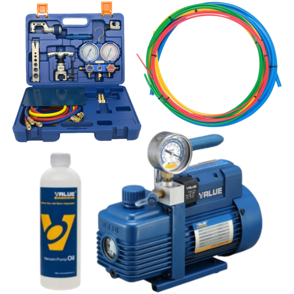 Zestaw: Pompa próżniowa 100 l/min dwustopniowa z wakuometrem - VALUE V-i240SV, Zestaw narzędzi Value - VTB-5B-II, Pręty do gięcia miedzi - YATO 21860