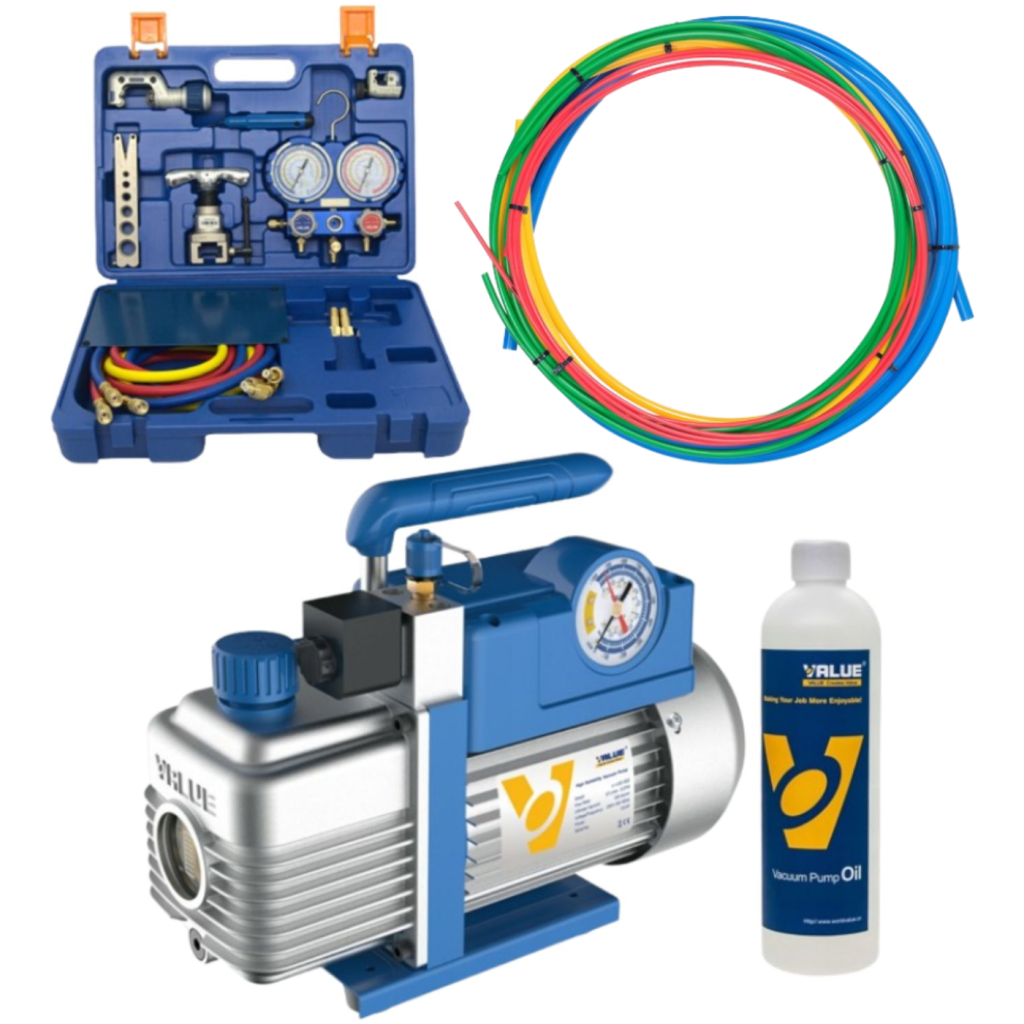 Zestaw: Pompa próżniowa 100 l/min dwustopniowa z zaworem i wakuometrem - VALUE V-i240-R32, Zestaw narzędzi Value - VTB-5B-II, Pręty do gięcia miedzi - YATO 21860