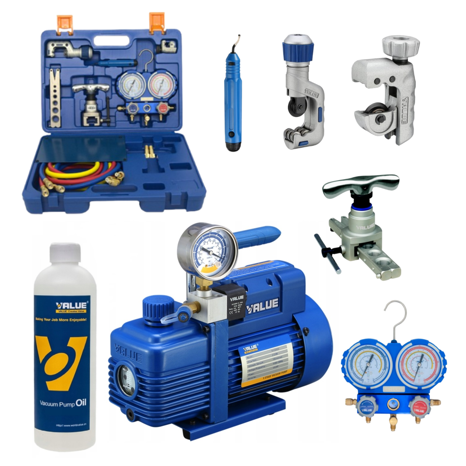 ZESTAW: Pompa próżniowa 51 l/min dwustopniowa z wakuometrem - VALUE V-i220SV + Zestaw narzędzi VALUE - VTB-5B-II ZESTAW: Pompa próżniowa 51 l/min dwustopniowa z wakuometrem - VALUE V-i220SV + Zestaw narzędzi VALUE - VTB-5B-II