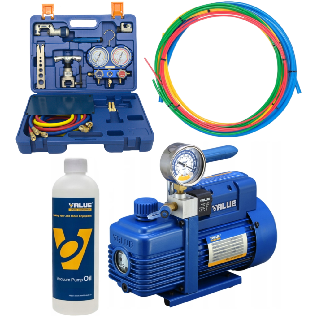 Zestaw: Pompa próżniowa 51 l/min jednostopniowa z wakuometrem - VALUE V-i120SV, Zestaw narzędzi Value - VTB-5B-II, Pręty do gięcia miedzi - YATO 21860